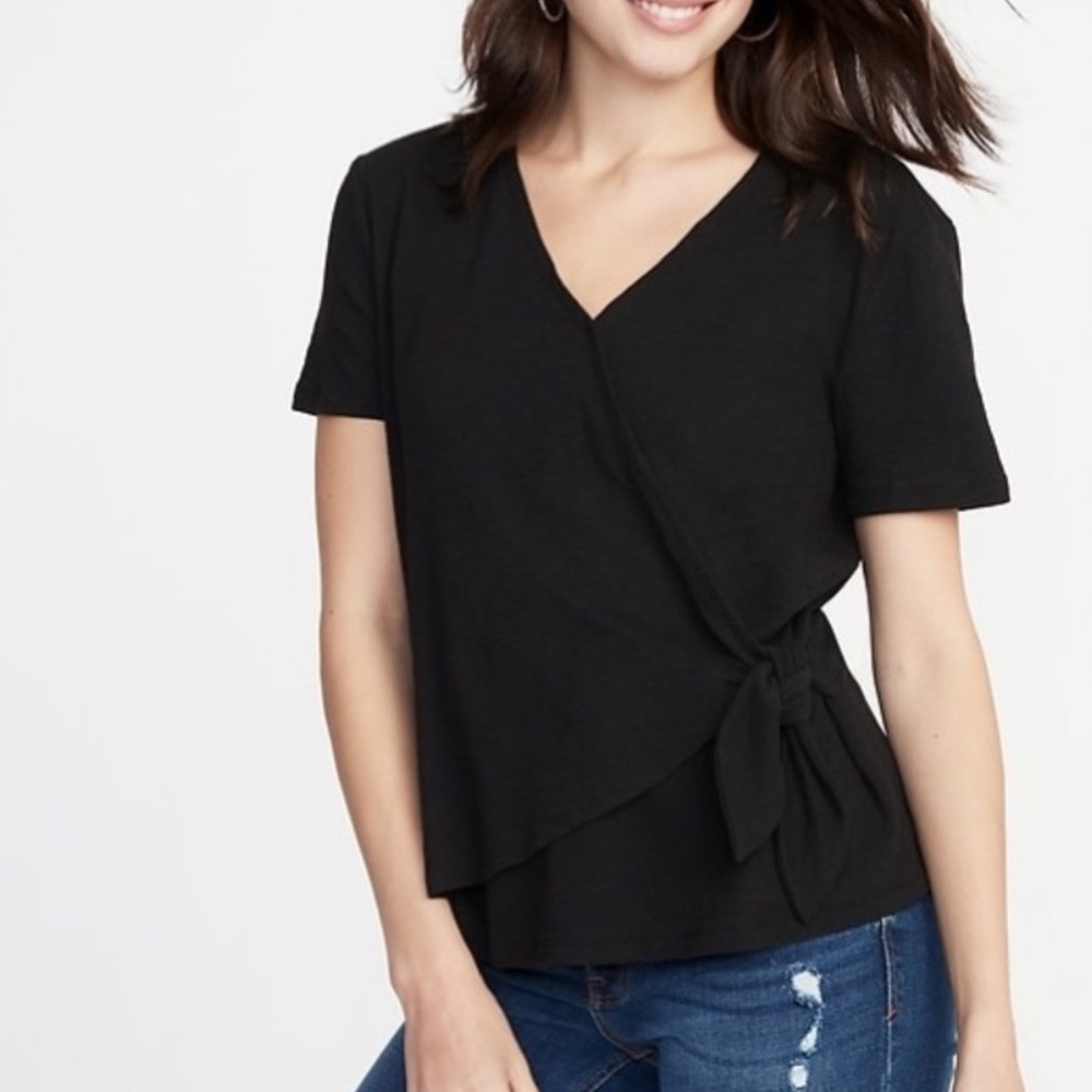 Old Navy Black Short Sleeve Wrap Tie Top NWT